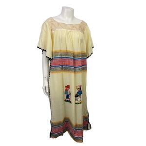 Vintage Mexican Dress Embroidered Caftan Folk Art Boho Yellow Midi Medium -
